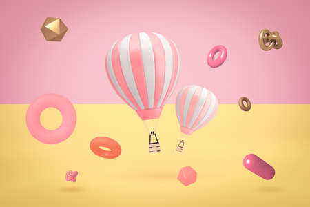 3d rendering of two hot air balloons with random objects on two color background. Digital art. Flying objects. Concept ideas.の写真素材