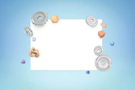 3d rendering of white copy space rectangle with light gray cogwheels and different geometric shapes surrounding it on light blue background. Education. Technology. Presentations.の写真素材