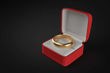 3d rendering of engagement ring in red box on black backgroundの写真素材