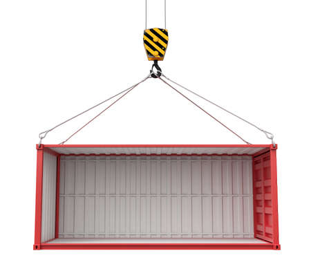 3d rendering of crane lifting empty red shipping container isolated on white backgroundの写真素材