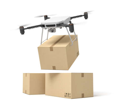 3d rendering of camera drone delivering cardboard box on top of two other boxes isolated on white background.の写真素材