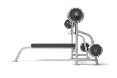 3d rendering of weight bench with metal barbell isolated on white backgroundの写真素材