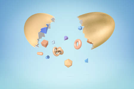 3d rendering of random geometric objects falling out of broken golden egg shell on blue backgroundの写真素材