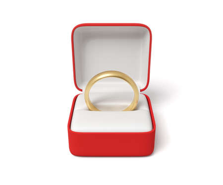 3d rendering of engagement ring in red box isolated on white backgroundの写真素材