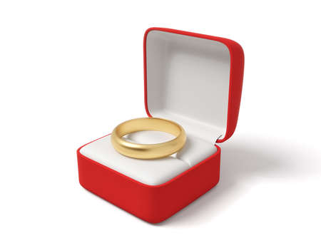 3d close-up rendering of gold ring in open red box on white background.の写真素材