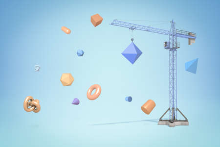 3d rendering of construction crane with random geometric objects on blue backgroundの写真素材