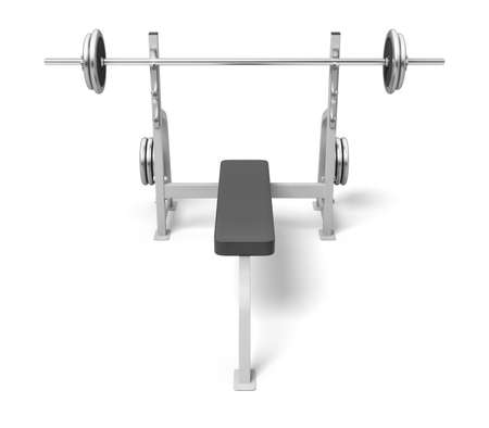 3d rendering of weight bench with metal barbell isolated on white backgroundの写真素材