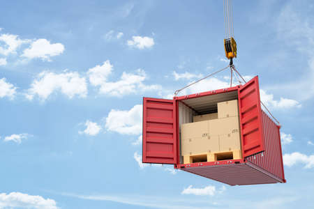 3d rendering of open red cargo container full of cardboard packages, suspended from crane.