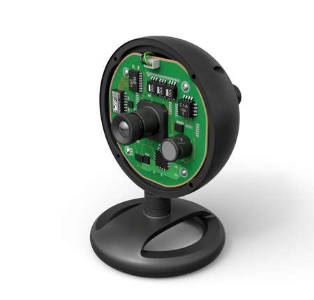 3d rendering of round web camera circuit board isolated on white backgroundの写真素材