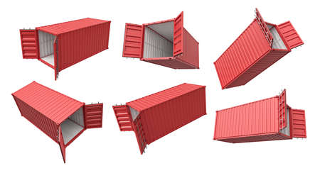 3d rendering of set of open red shipping container isolated on white backgroundの写真素材