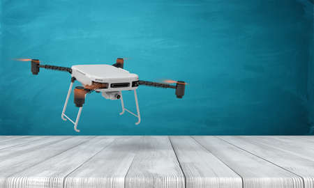 3d rendering of flying drone over white wooden floor and dark turquoise backgroundの写真素材