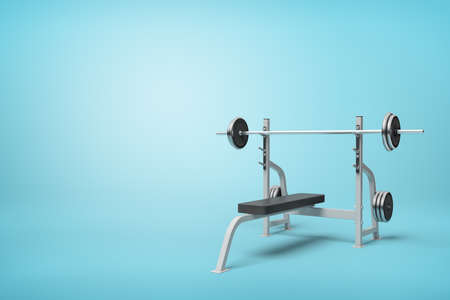 3d rendering of weight bench with metal barbell isolated on blue background. Sports and fitness. Sporting goods. Digital art.の写真素材