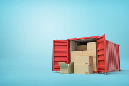 3d rendering of red shipping container filled with cardboard boxes on blue backgroundの写真素材