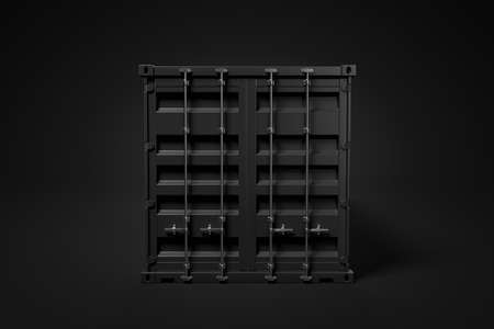 3d front rendering of one closed black cargo container standing on dimly lit black background.の写真素材
