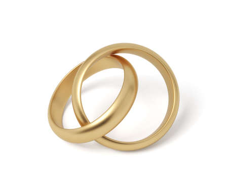 3d rendering of two golden rings interlocked isolated on white backgroundの写真素材