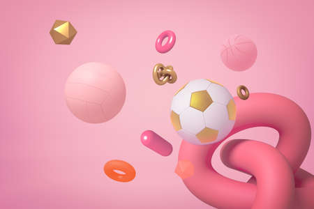 3d rendering of miscellaneous objects and shapes floating on pastel pink background.の写真素材