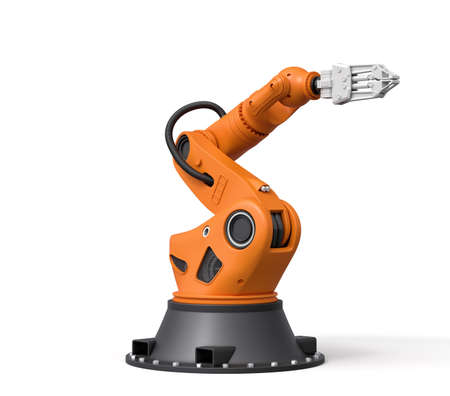3d rendering of orange robotic arm with grey gripper standing on white background. Advanced technology. Automated industry. Industrial equipment.の写真素材