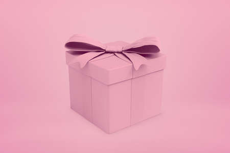 3d rendering of pink gift box with ribbon on pink background. Digital art. Holidays and decorations. Presents packaging.の写真素材