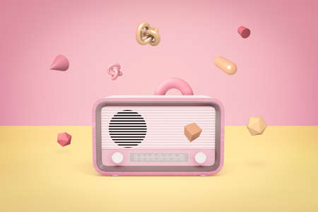 3d rendering of old radio set with random objects on pink backgroundの写真素材