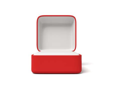3d close-up rendering of open empty red ring box on white background. Expensive purchases. Engagement and marriage.の写真素材