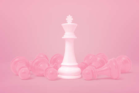3d close-up rendering of white chess king standing among bright pink pawns which have fallen prone on yogurt pink background.の写真素材