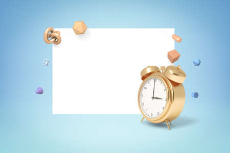 3d rendering of golden alarm clock with random objects on white blue background