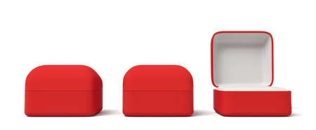 3d rendering of two closed and one open red engagement ring boxes isolated on white backgroundの写真素材
