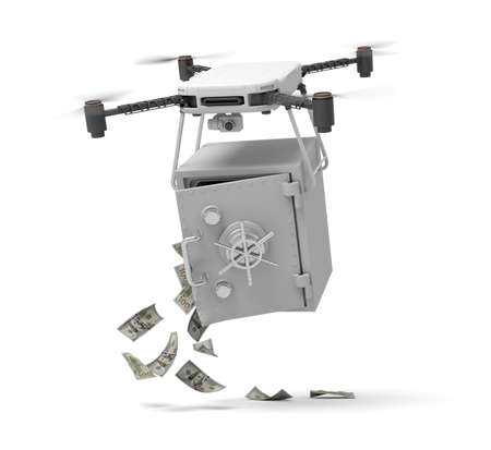 3d rendering of camera drone carrying unlocked light gray money safe, dollar bills falling out, isolated on white background.の写真素材
