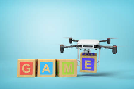 3d rendering of white drone carrying alphabet toy blocks making GAME sign on blue backgroundの写真素材