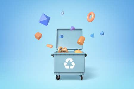 3d rendering of blue trash can with chasing arrows, lid open and different geometric shapes flying out on light blue gradient background. Waste disposal. Sorting trash. Environmental protection.の写真素材