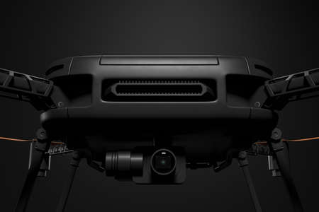 3d close-up rendering of front part of black drone with camera on dark gray gradient background.