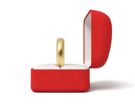3d close-up rendering of gold ring in open red box on white background.の写真素材