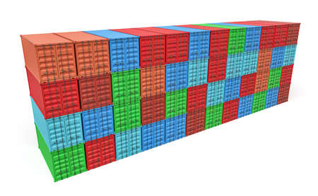 3d rendering of many closed blue, orange, green and red cargo containers stacked on one another isolated on white background.の写真素材