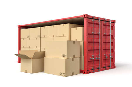 3d rendering of red open side shipping container full of cardboard packages isolated on white...