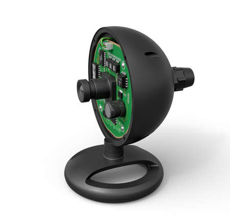 3d close-up rendering of black web camera with its front half off and insides revealed on white background.の写真素材