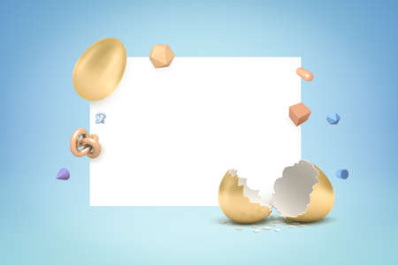 3d rendering of white copy space with golden chicken egg shells beside and a whole golden egg and many small geometric shapes flying around on blue background.の写真素材