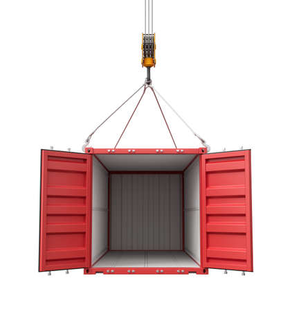 3d rendering of crane lifting open empty red shipping container isolated on white backgroundの写真素材