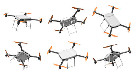 3d rendering of a set of 6 drones with cameras, shown from different angles on white background.の写真素材