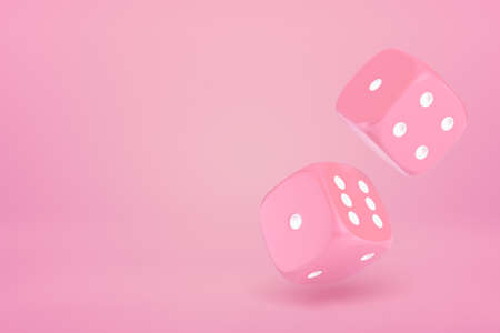 3d rendering of two pink casino dice on pink background. Digital art. Gambling and betting. Risk and...