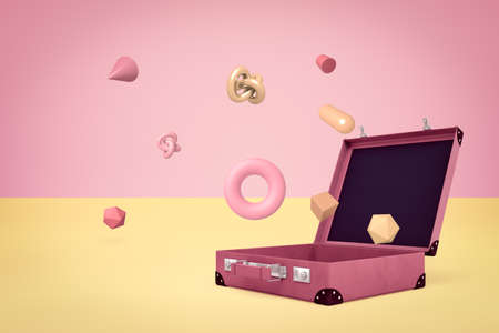 3d rendering of open suitcase with random objects on yellow pink backgroundの写真素材