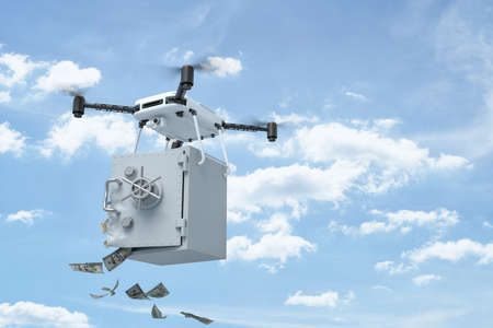 3d rendering of white drone carrying open bank safe with dollars falling out on blue sky backgroundの写真素材