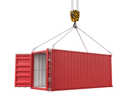 3d rendering of crane lifting open empty red shipping container isolated on white background. Digital art. Objects and materials. Transportation and delivery.の写真素材