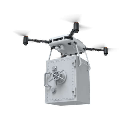 3d rendering of drone with camera carrying locked light gray money safe isolated on white background.の写真素材