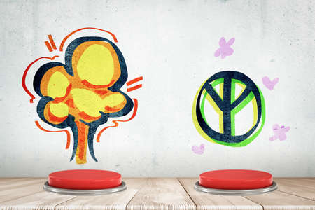 3d rendering of two red buttons with explosion and peace symbols drawn on white wooden floor background.の写真素材