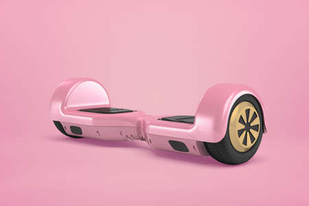 3d close-up rendering of metallic pink gyroscooter standing on pink background.