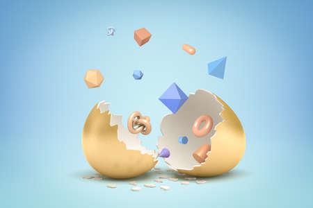 3d rendering of random geometric objects hatching out of golden egg on blue backgroundの写真素材