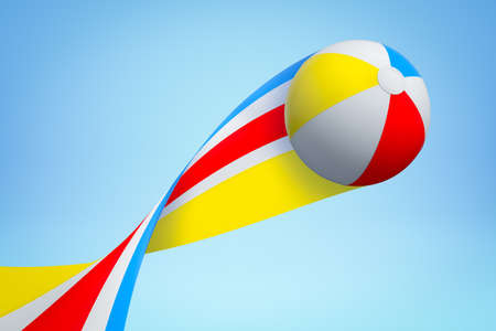 3d rendering of colorful rainbow beach ball with trail on blue backgroundの写真素材
