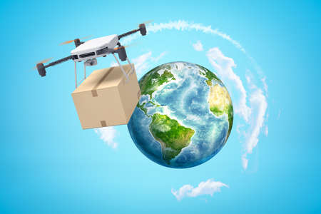 3d rendering of camera drone carrying cardboard box and flying high above Earth globe which is far behind in distance in blue sky.の写真素材