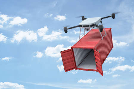 3d rendering of camera quadcopter carrying small open empty red cargo container in blue sky.の写真素材