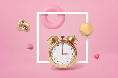 3d rendering of golden alarm clock standing, highlighted with square white frame, on pastel pink background, with different geometric objects floating around.の写真素材